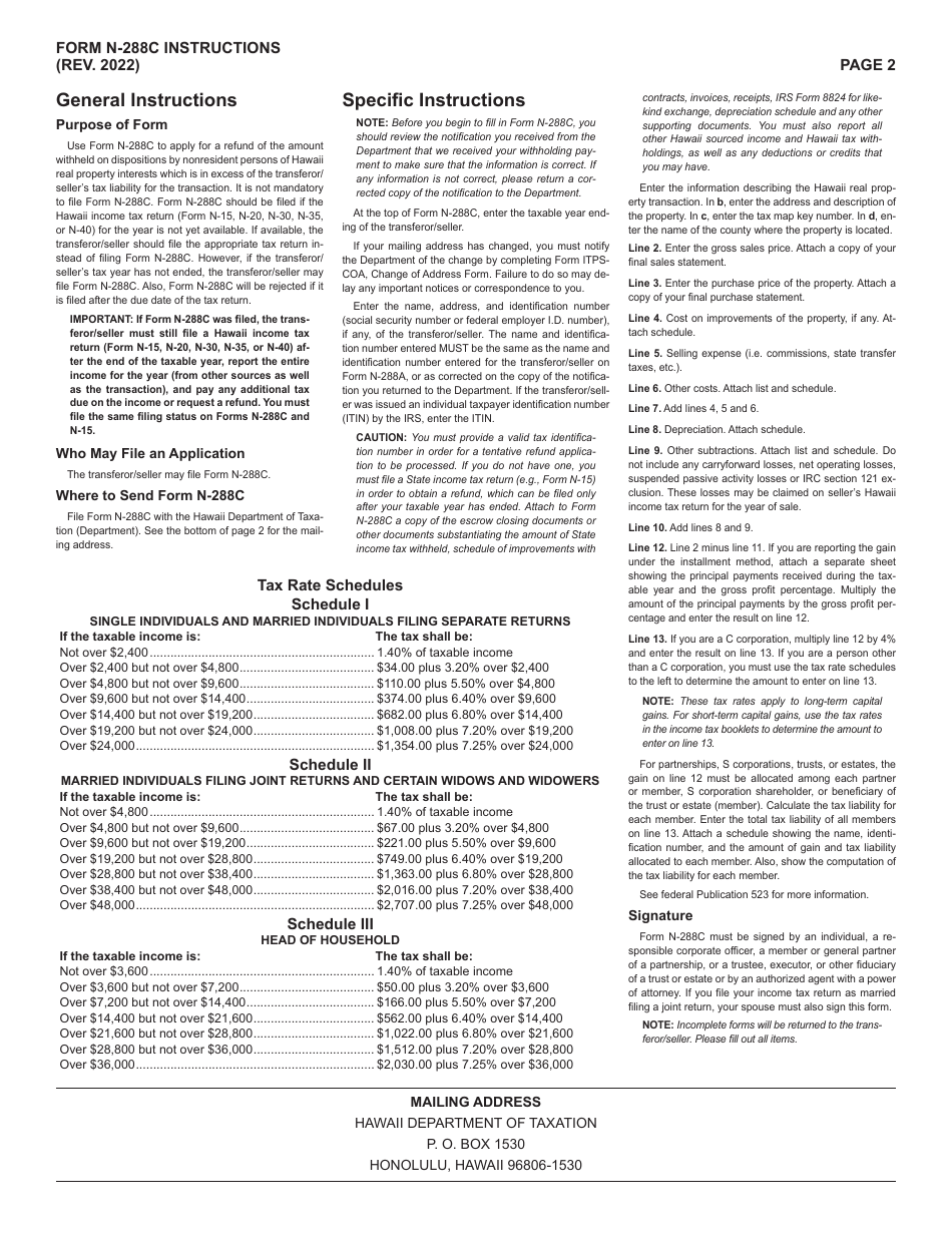 Form N-288C Application for Tentative Refund of Withholding on Dispositions by Nonresident Persons of Hawaii Real Property Interests - Hawaii, Page 2
