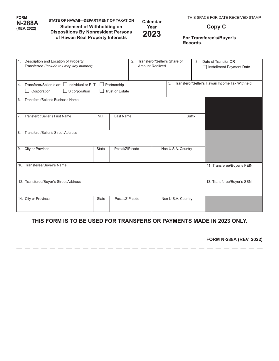 Form N-288A Statement of Withholding on Dispositions by Nonresident Persons of Hawaii Real Property Interests - Hawaii, Page 5