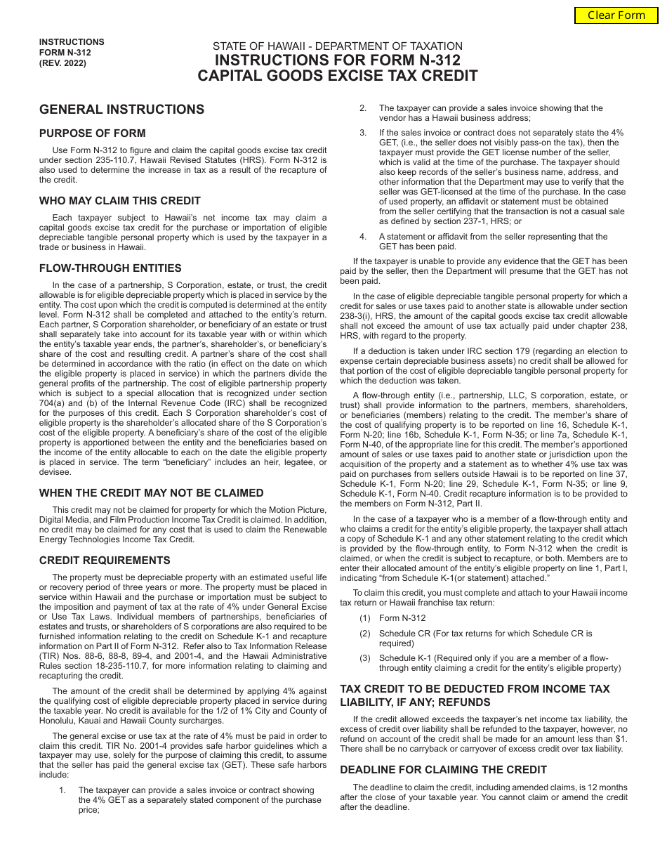 Instructions for Form N-312 Capital Goods Excise Tax Credit - Hawaii, Page 1