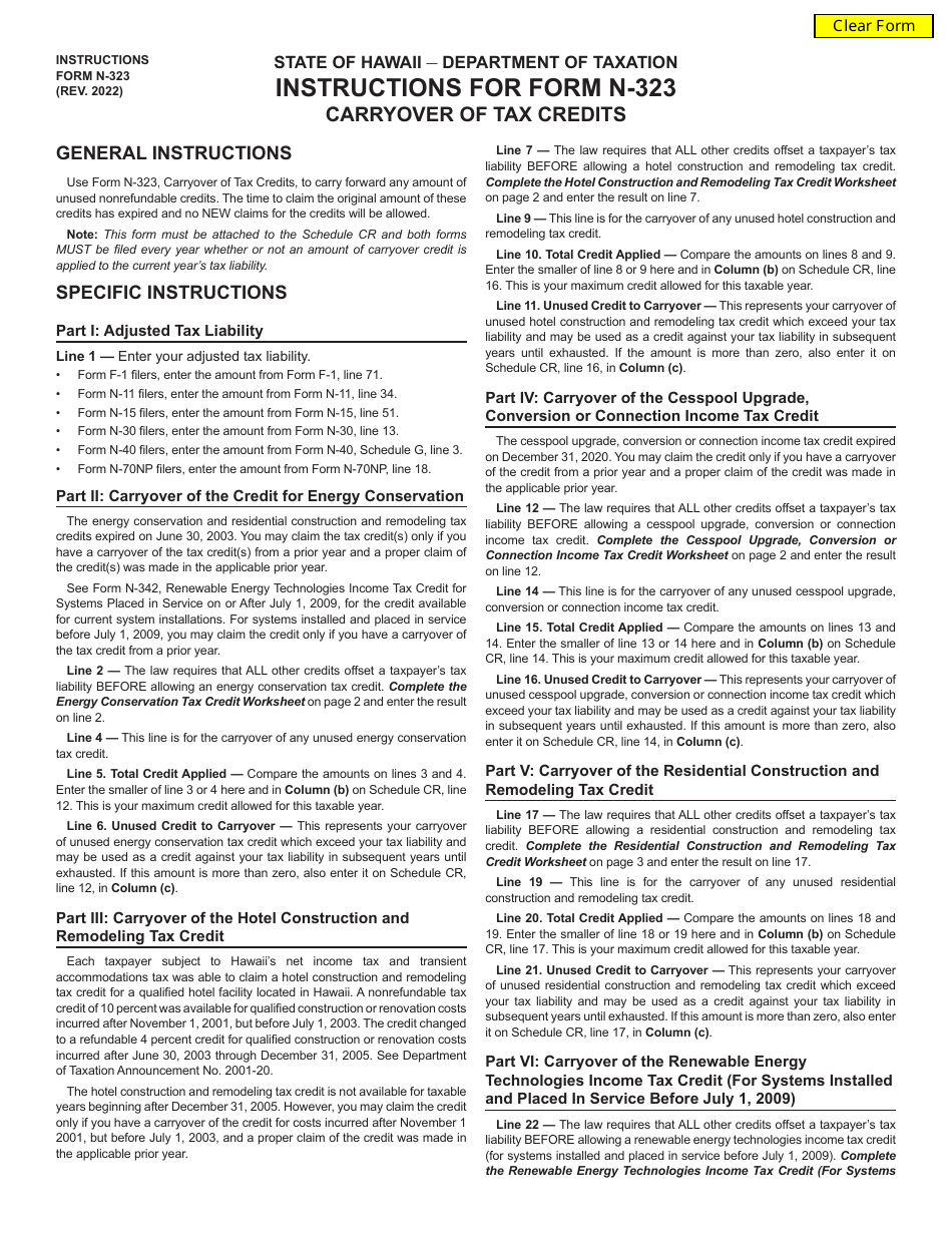 Instructions for Form N-323 Carryover of Tax Credits - Hawaii, Page 1