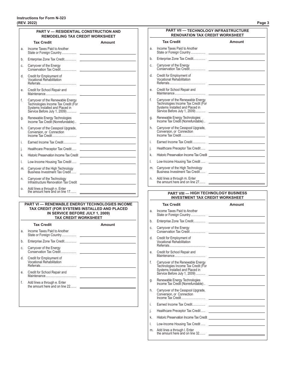 Instructions for Form N-323 Carryover of Tax Credits - Hawaii, Page 3