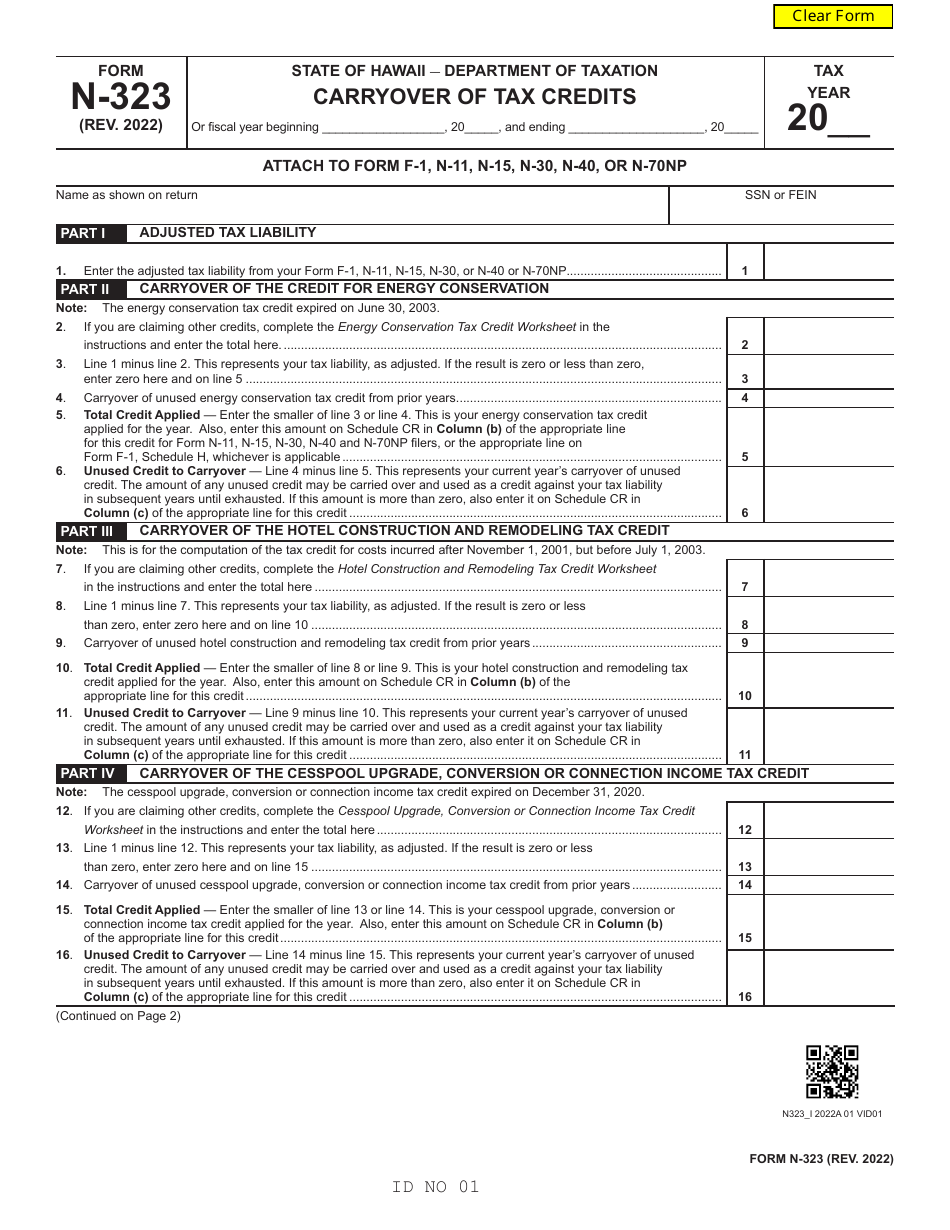 Form N-323 Carryover of Tax Credits - Hawaii, Page 1