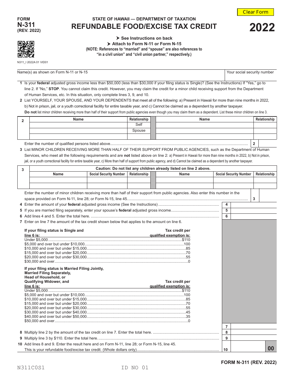 Form N-311 Refundable Food / Excise Tax Credit - Hawaii, Page 1