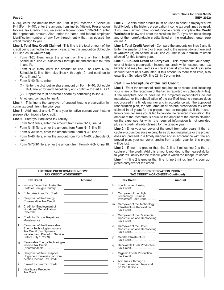 Instructions for Form N-325 Historic Preservation Income Tax Credit - Hawaii, Page 2