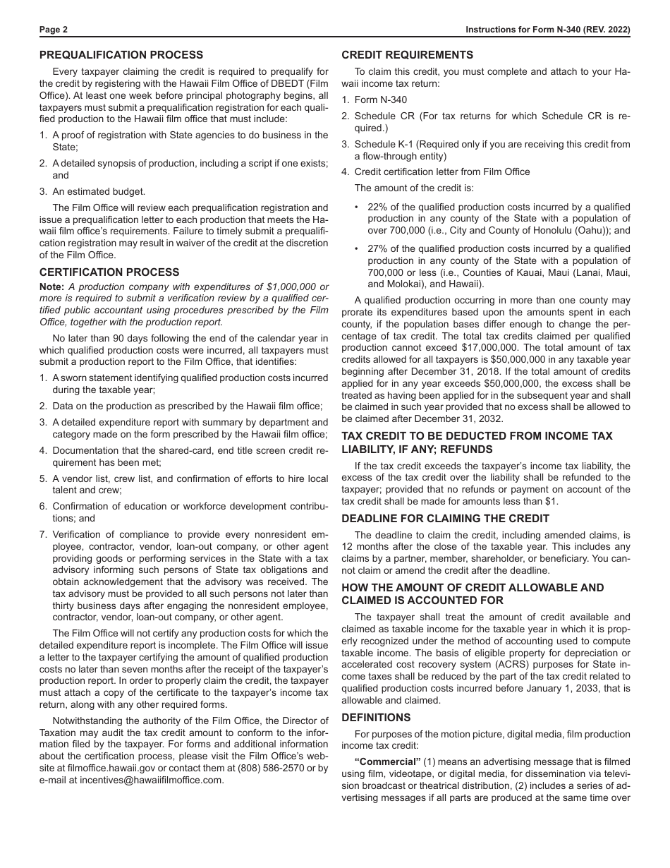 Instructions for Form N-340 Motion Picture, Digital Media, and Film Production Income Tax Credit - Hawaii, Page 2