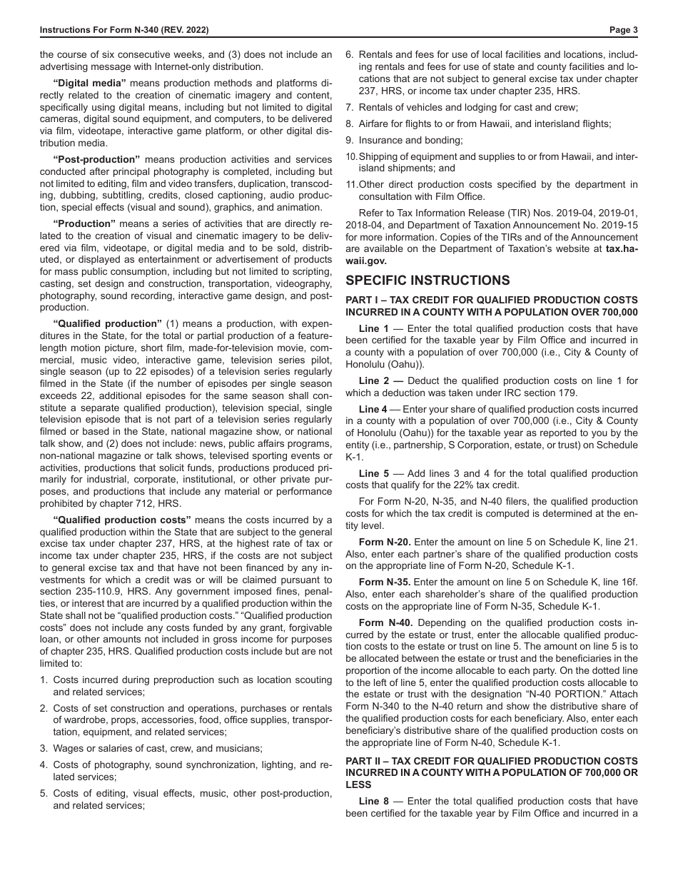 Instructions for Form N-340 Motion Picture, Digital Media, and Film Production Income Tax Credit - Hawaii, Page 3