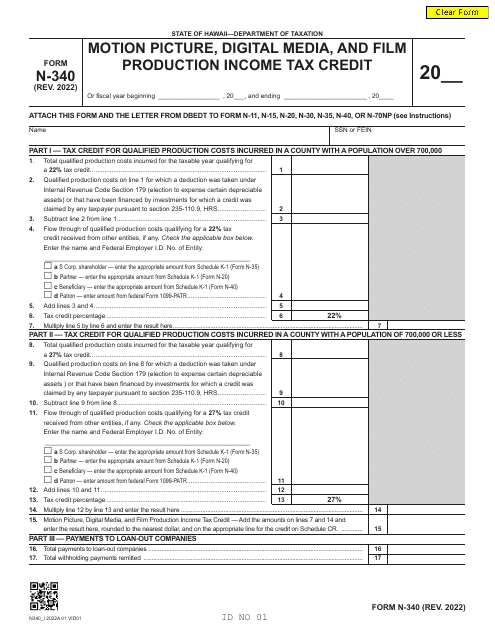 Form N-340 Motion Picture, Digital Media, and Film Production Income Tax Credit - Hawaii