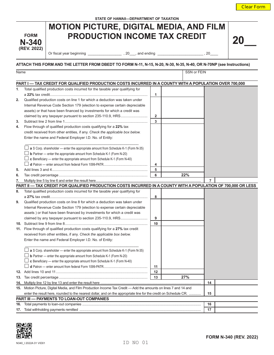 Form N-340 Motion Picture, Digital Media, and Film Production Income Tax Credit - Hawaii, Page 1