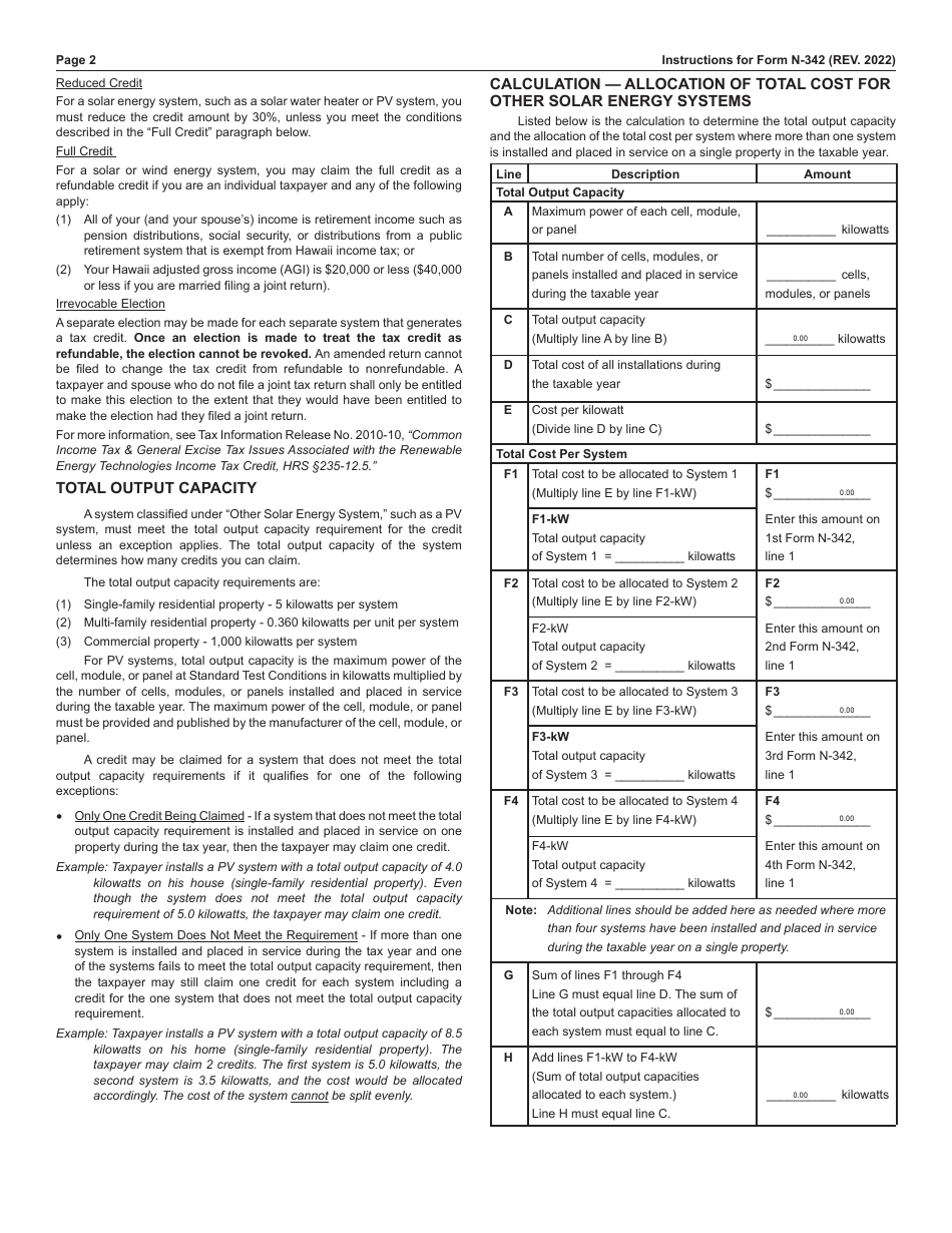 Instructions for Form N-342 Renewable Energy Technologies Income Tax Credit (For Systems Installed and Placed in Service on or After July 1, 2009) - Hawaii, Page 2