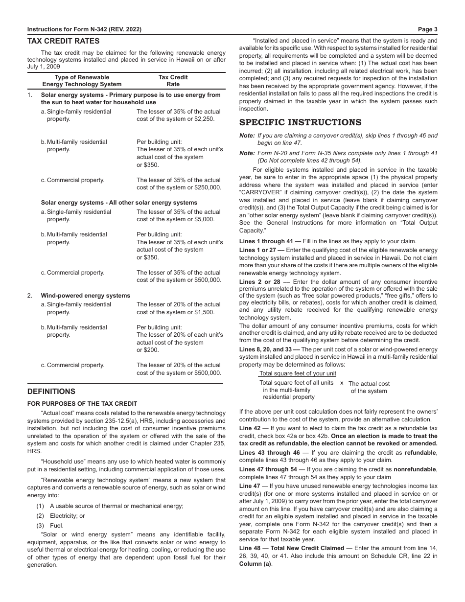 Instructions for Form N-342 Renewable Energy Technologies Income Tax Credit (For Systems Installed and Placed in Service on or After July 1, 2009) - Hawaii, Page 3