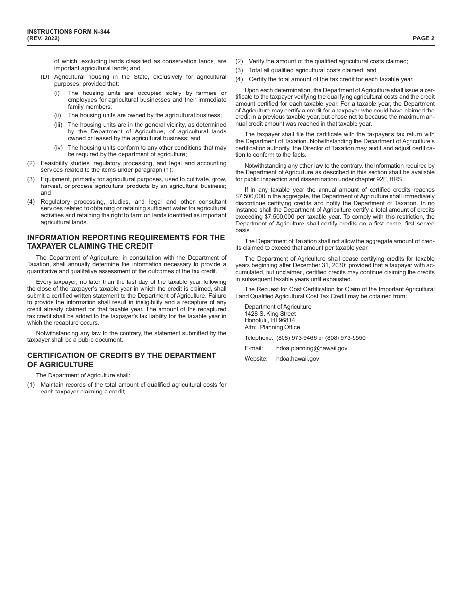 Instructions for Form N-344 Important Agricultural Land Qualified Agricultural Cost Tax Credit - Hawaii, Page 2