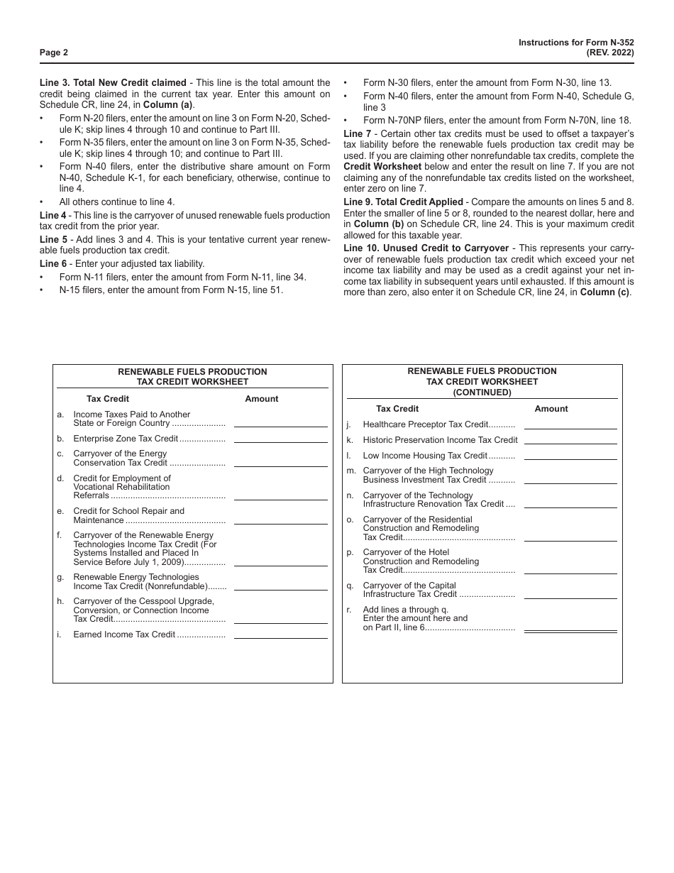 Instructions for Form N-352 Renewable Fuels Production Tax Credit - Hawaii, Page 2
