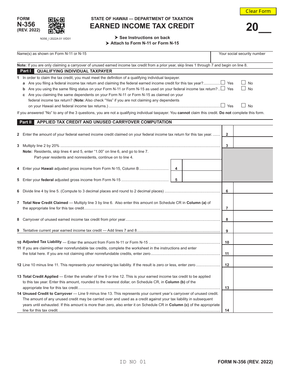 Form N356 Download Fillable PDF or Fill Online Earned Tax