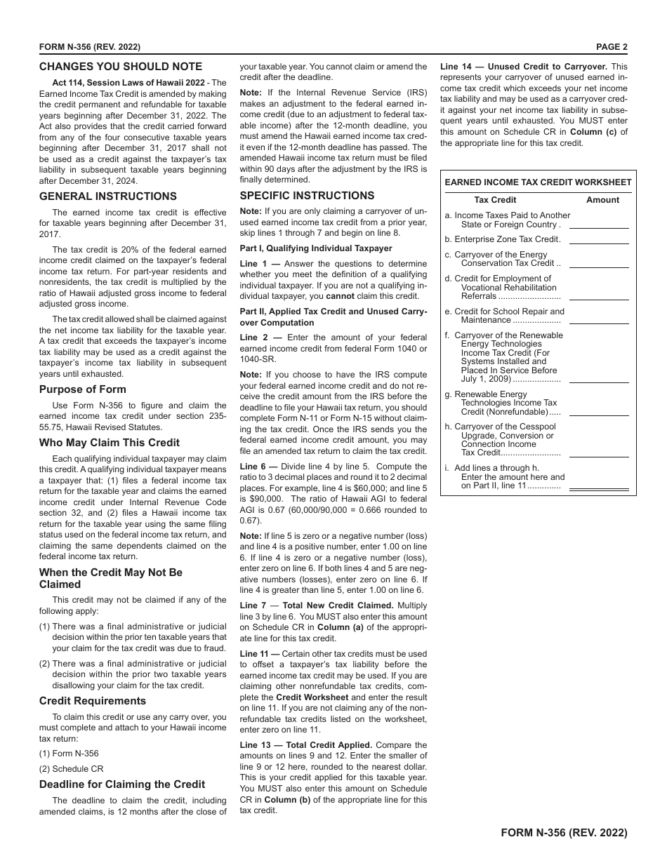 Form N-356 Earned Income Tax Credit - Hawaii, Page 2