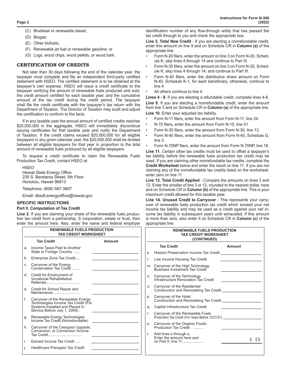 Instructions for Form N-360 Renewable Fuels Production Tax Credit (For Tax Years Beginning After 12 / 31 / 21) - Hawaii, Page 2