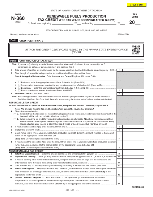 Form N-360 Renewable Fuels Production Tax Credit (For Tax Years Beginning After 12/31/21) - Hawaii