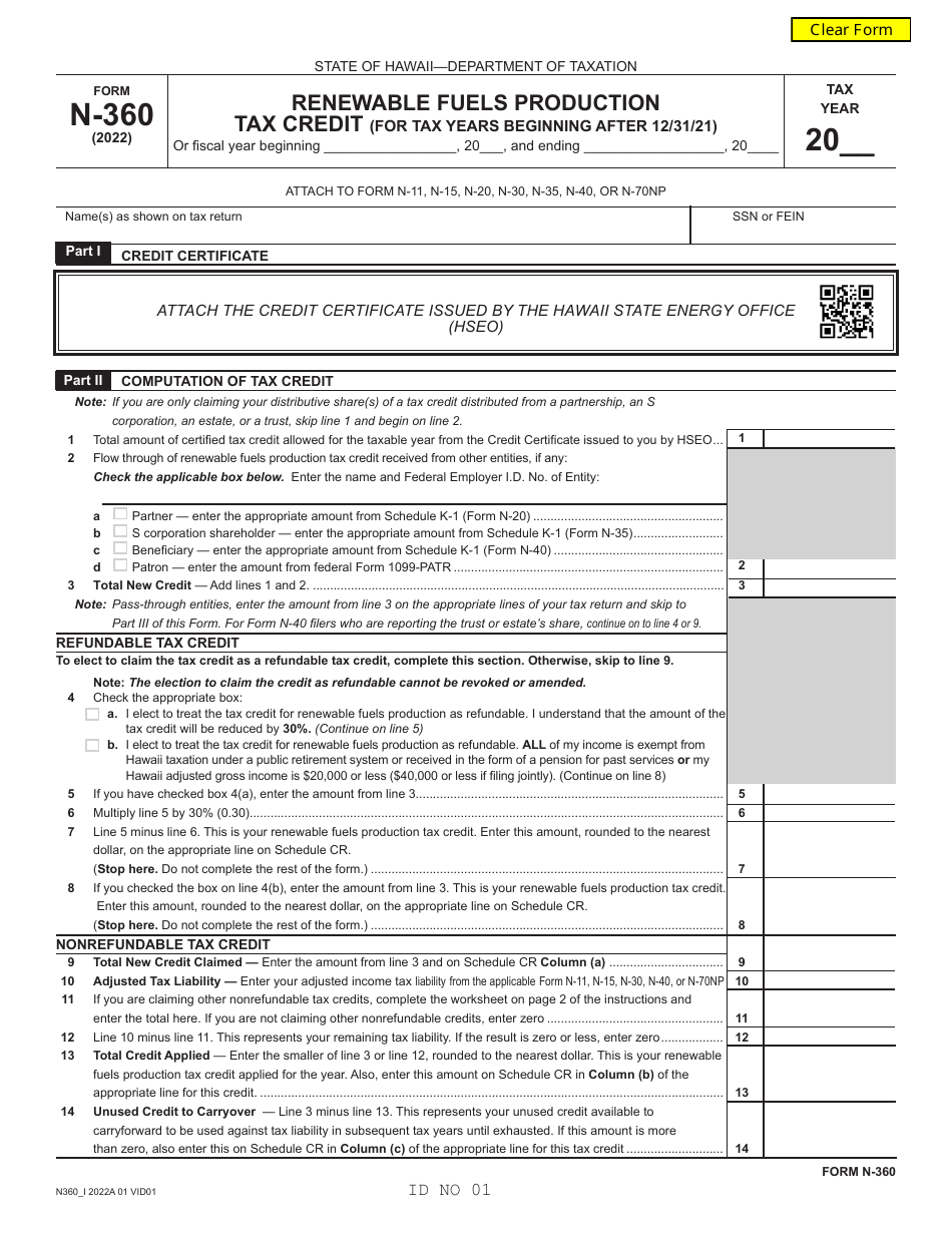 Form N-360 Renewable Fuels Production Tax Credit (For Tax Years Beginning After 12 / 31 / 21) - Hawaii, Page 1