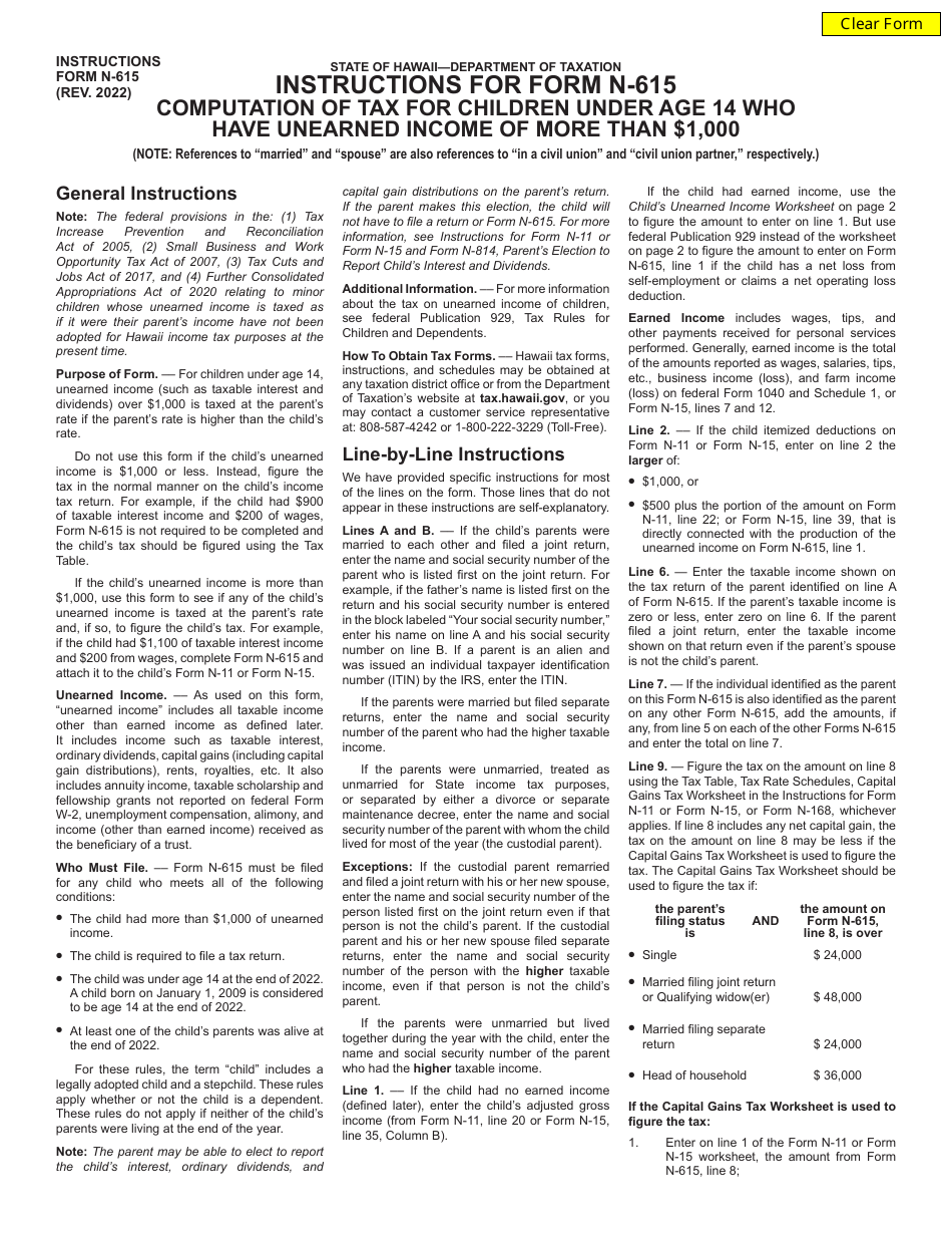 Instructions for Form N-615 Computation of Tax for Children Under Age 14 Who Have Unearned Income of More Than $1,000 - Hawaii, Page 1