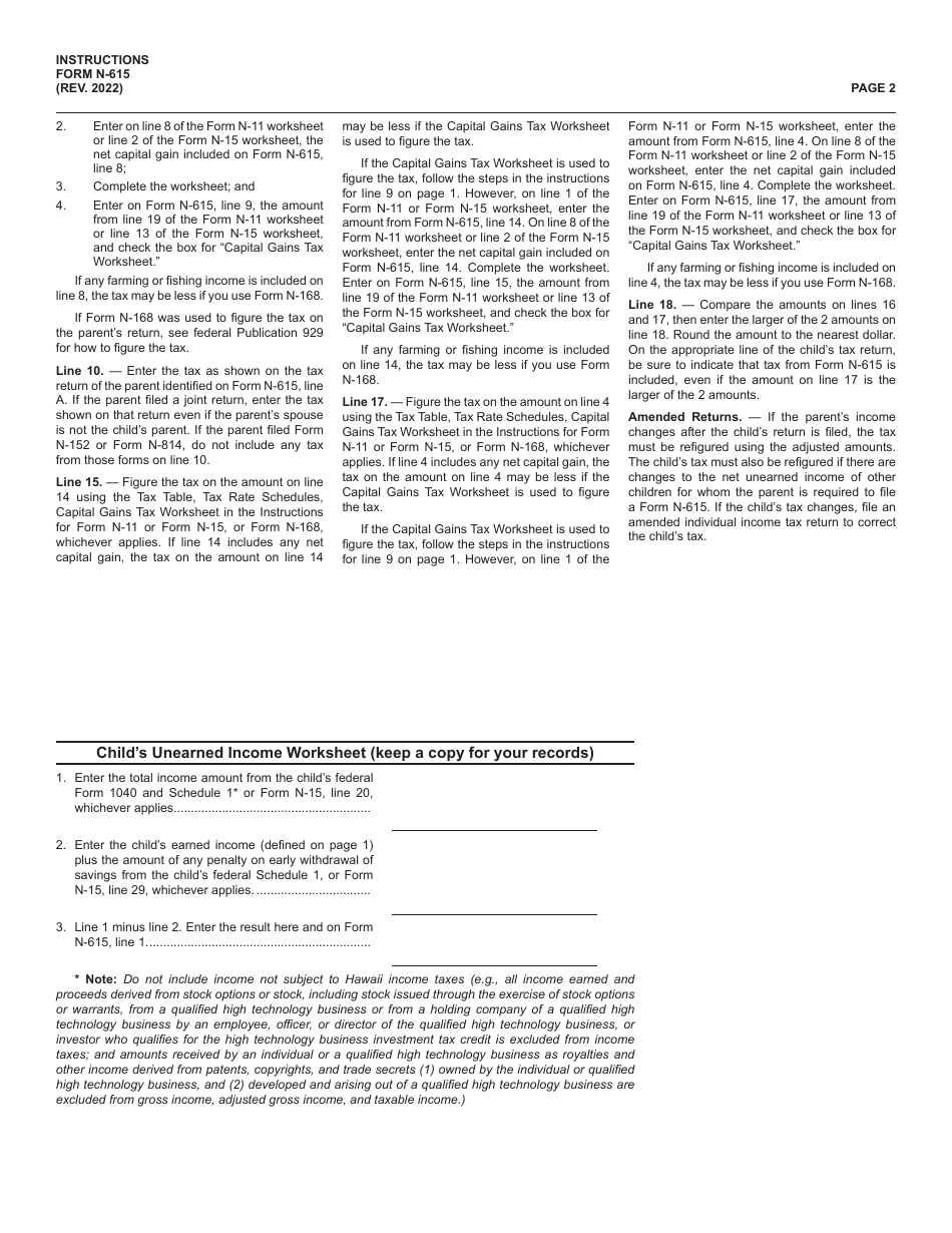 Instructions for Form N-615 Computation of Tax for Children Under Age 14 Who Have Unearned Income of More Than $1,000 - Hawaii, Page 2