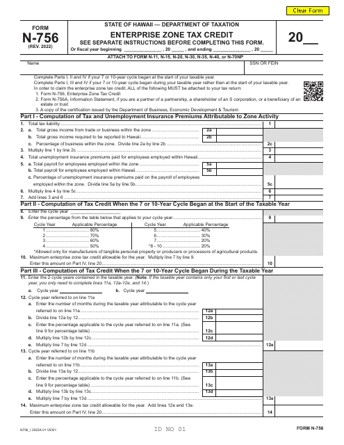 Form N-756 Enterprise Zone Tax Credit - Hawaii