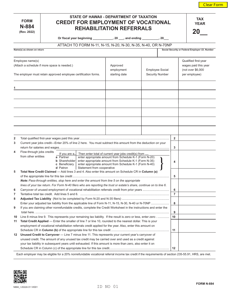 Form N-884 Credit for Employment of Vocational Rehabilitation Referrals - Hawaii, Page 1