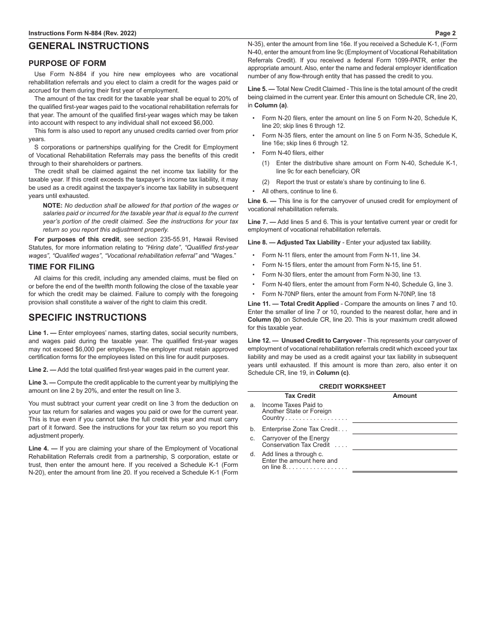Form N-884 Credit for Employment of Vocational Rehabilitation Referrals - Hawaii, Page 2