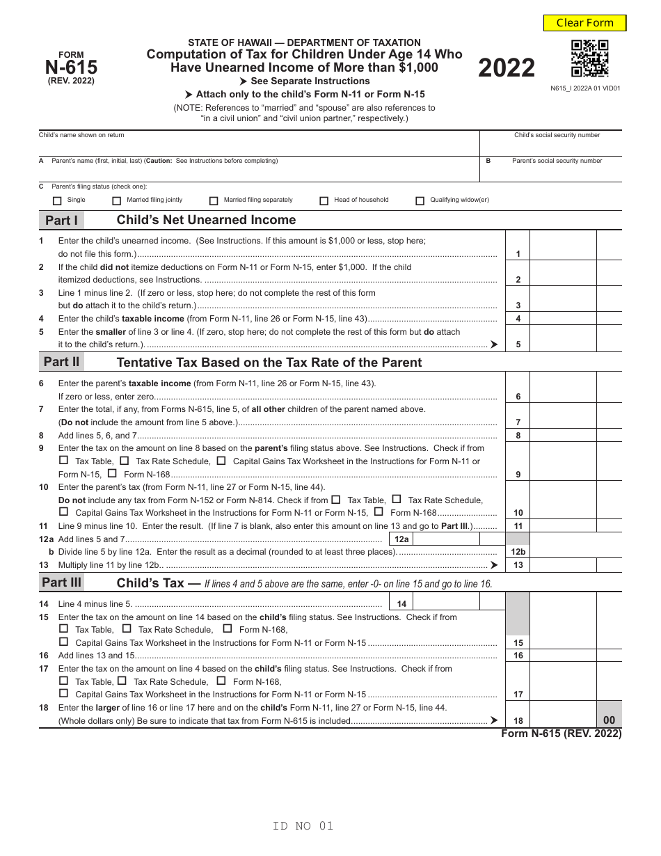 Form N-615 Computation of Tax for Children Under Age 14 Who Have Unearned Income of More Than $1,000 - Hawaii, Page 1