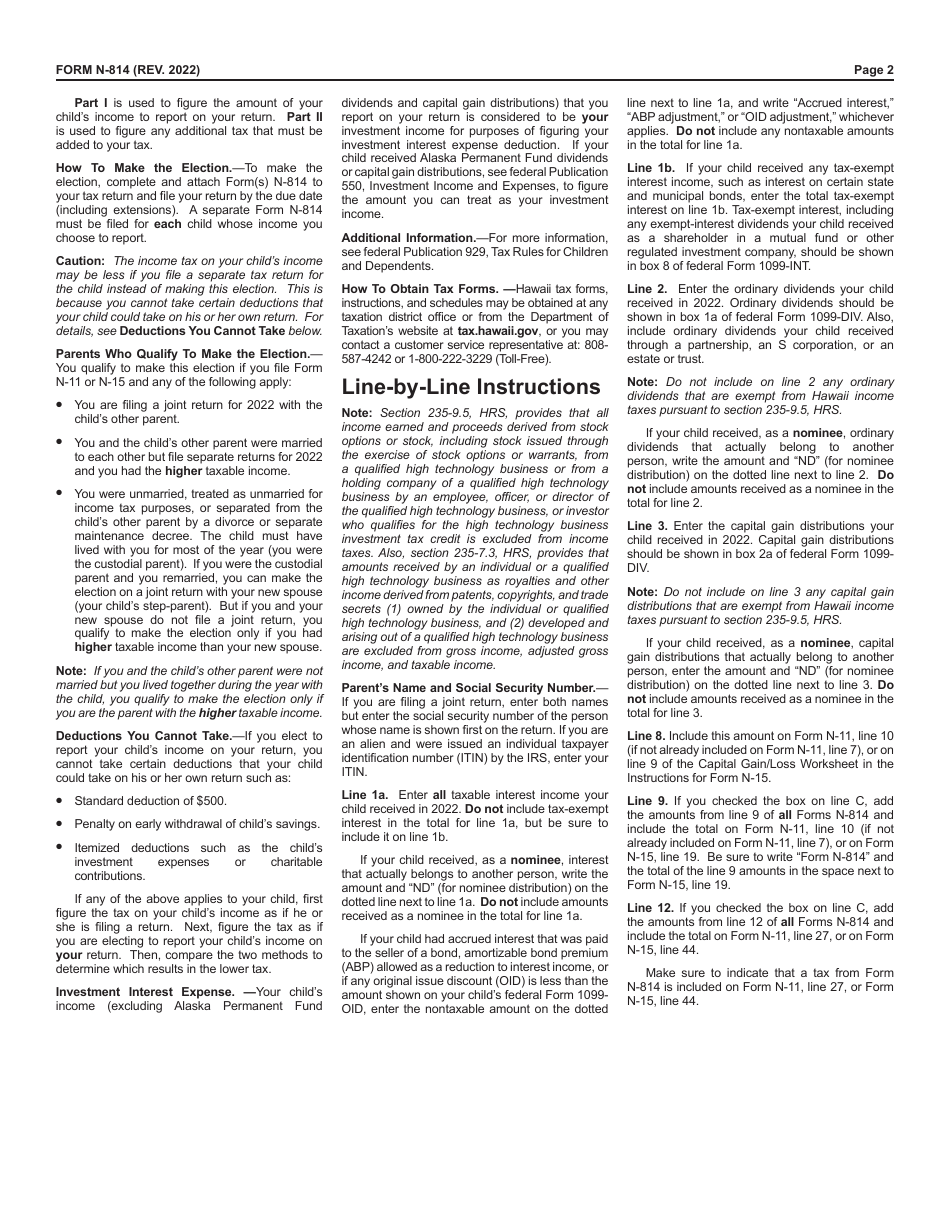Form N-814 Parents Election to Report Childs Interest and Dividends - Hawaii, Page 2