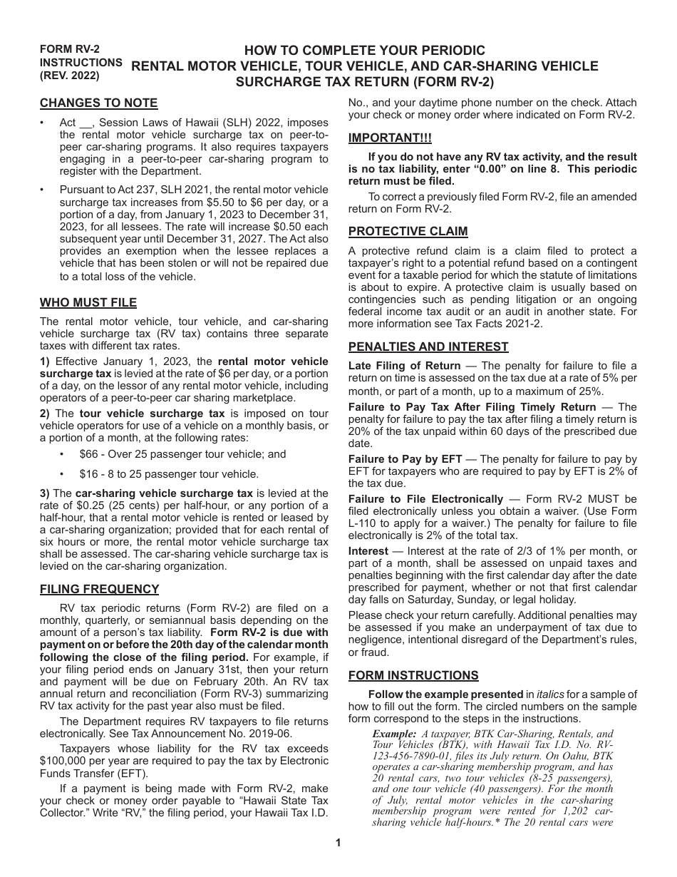 Instructions for Form RV-2 Periodic Rental Motor Vehicle, Tour Vehicle, and Car-Sharing Vehicle Surcharge Tax - Hawaii, Page 1