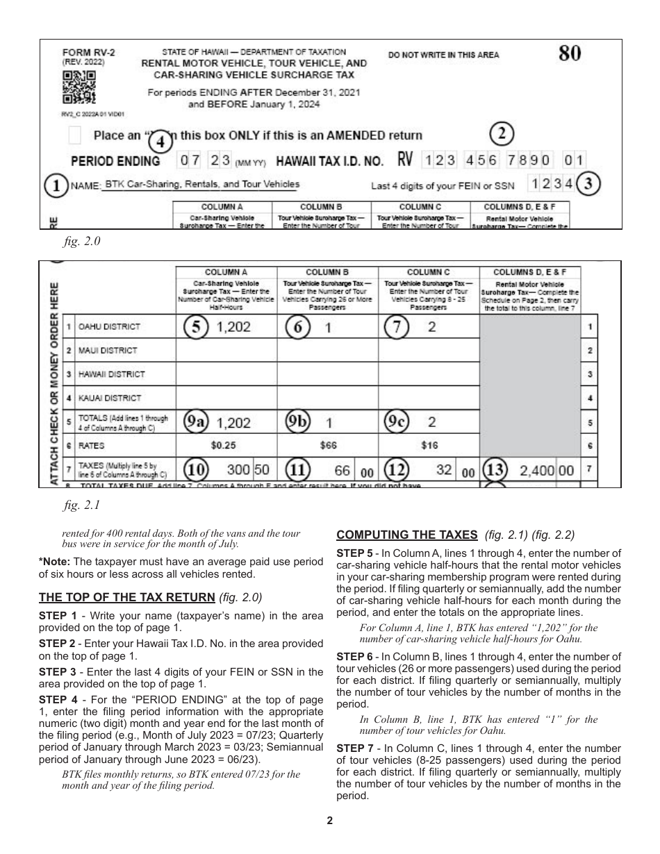 Instructions for Form RV-2 Periodic Rental Motor Vehicle, Tour Vehicle, and Car-Sharing Vehicle Surcharge Tax - Hawaii, Page 2