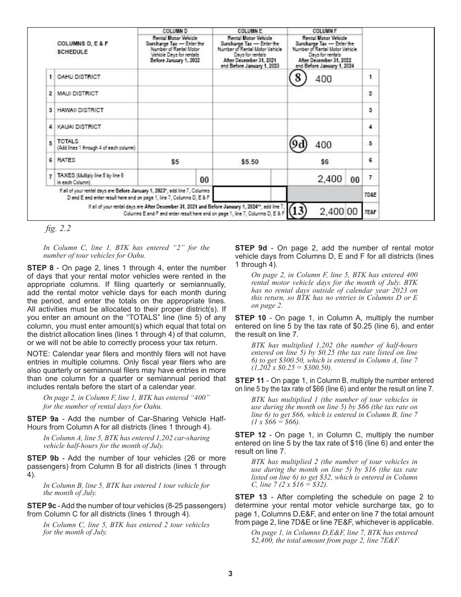 Instructions for Form RV-2 Periodic Rental Motor Vehicle, Tour Vehicle, and Car-Sharing Vehicle Surcharge Tax - Hawaii, Page 3