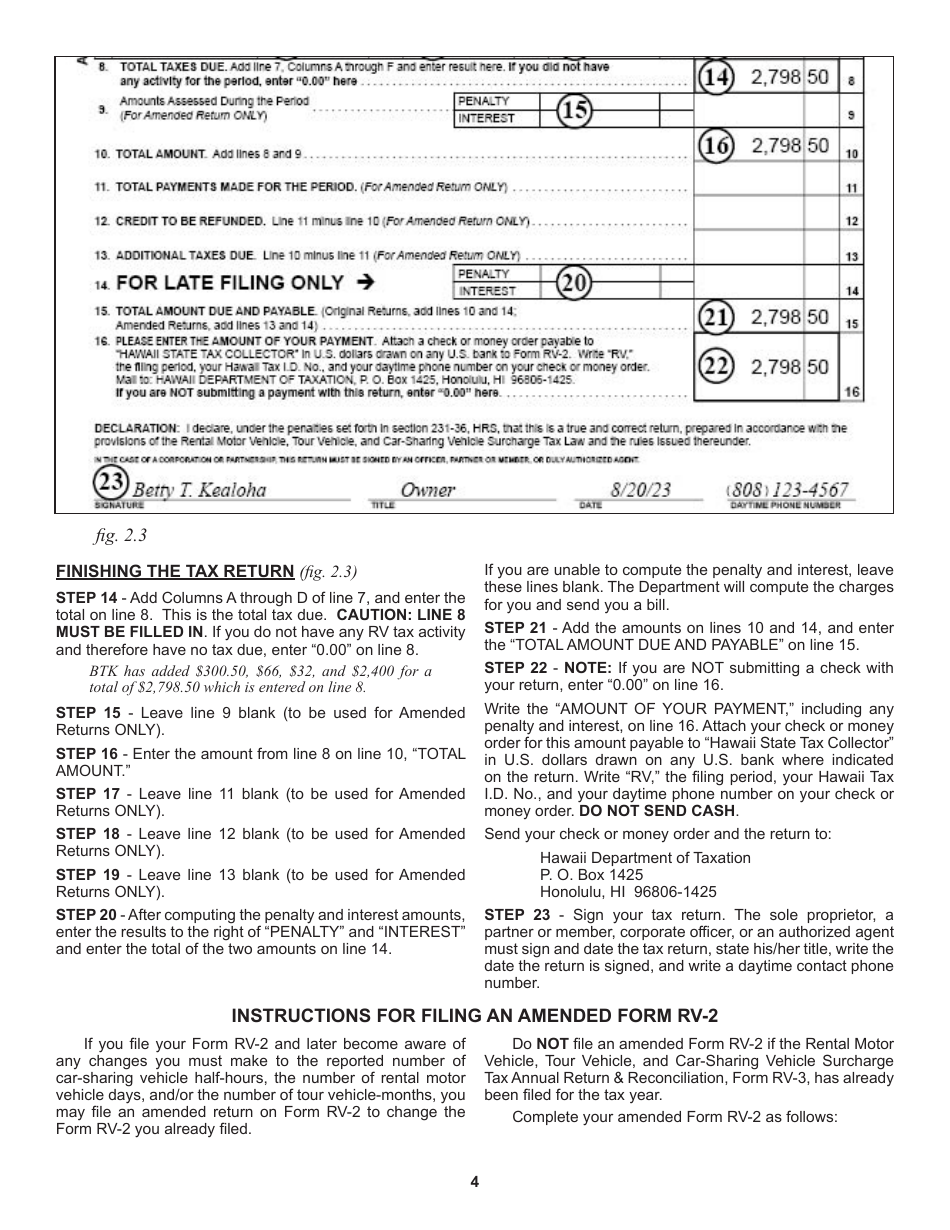 Instructions for Form RV-2 Periodic Rental Motor Vehicle, Tour Vehicle, and Car-Sharing Vehicle Surcharge Tax - Hawaii, Page 4