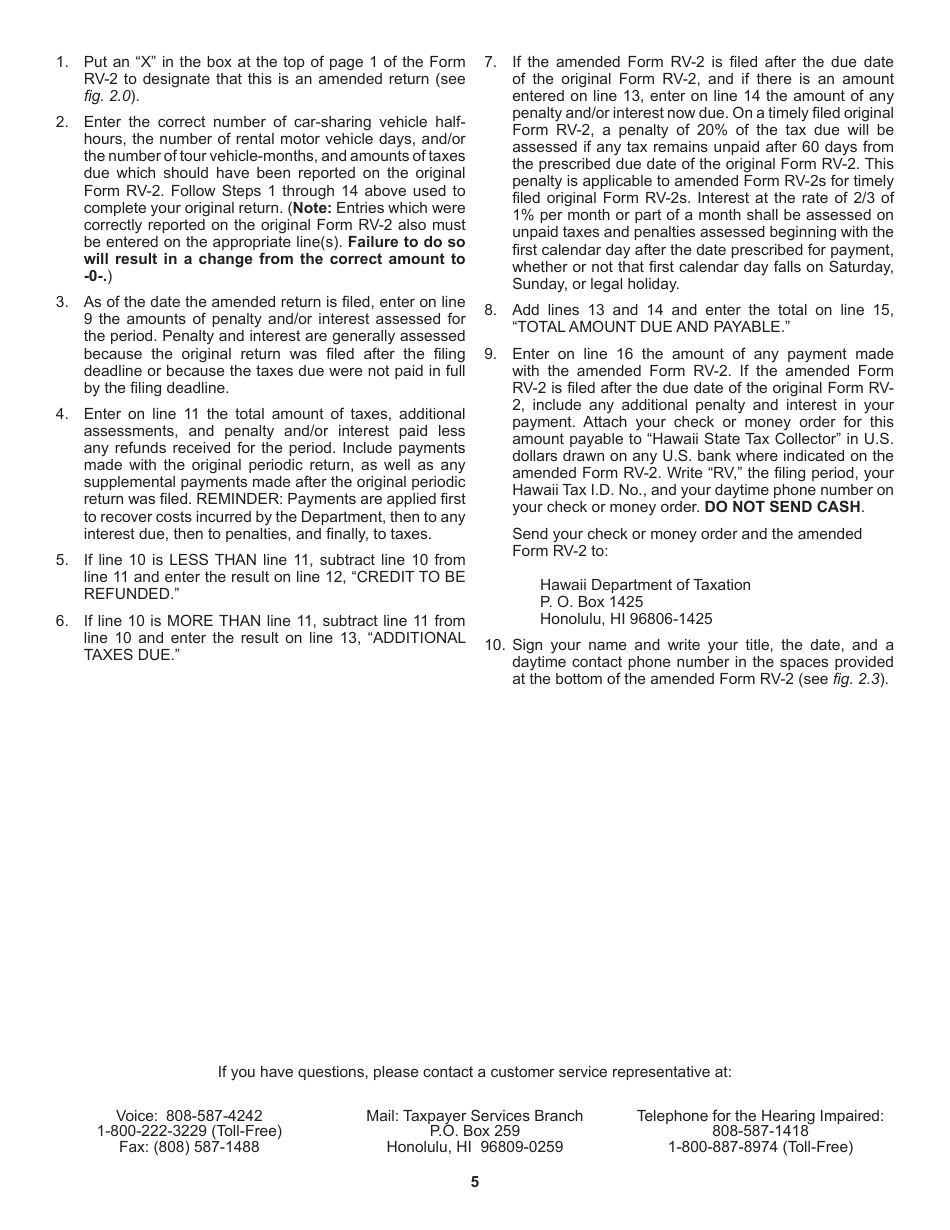 Instructions for Form RV-2 Periodic Rental Motor Vehicle, Tour Vehicle, and Car-Sharing Vehicle Surcharge Tax - Hawaii, Page 5