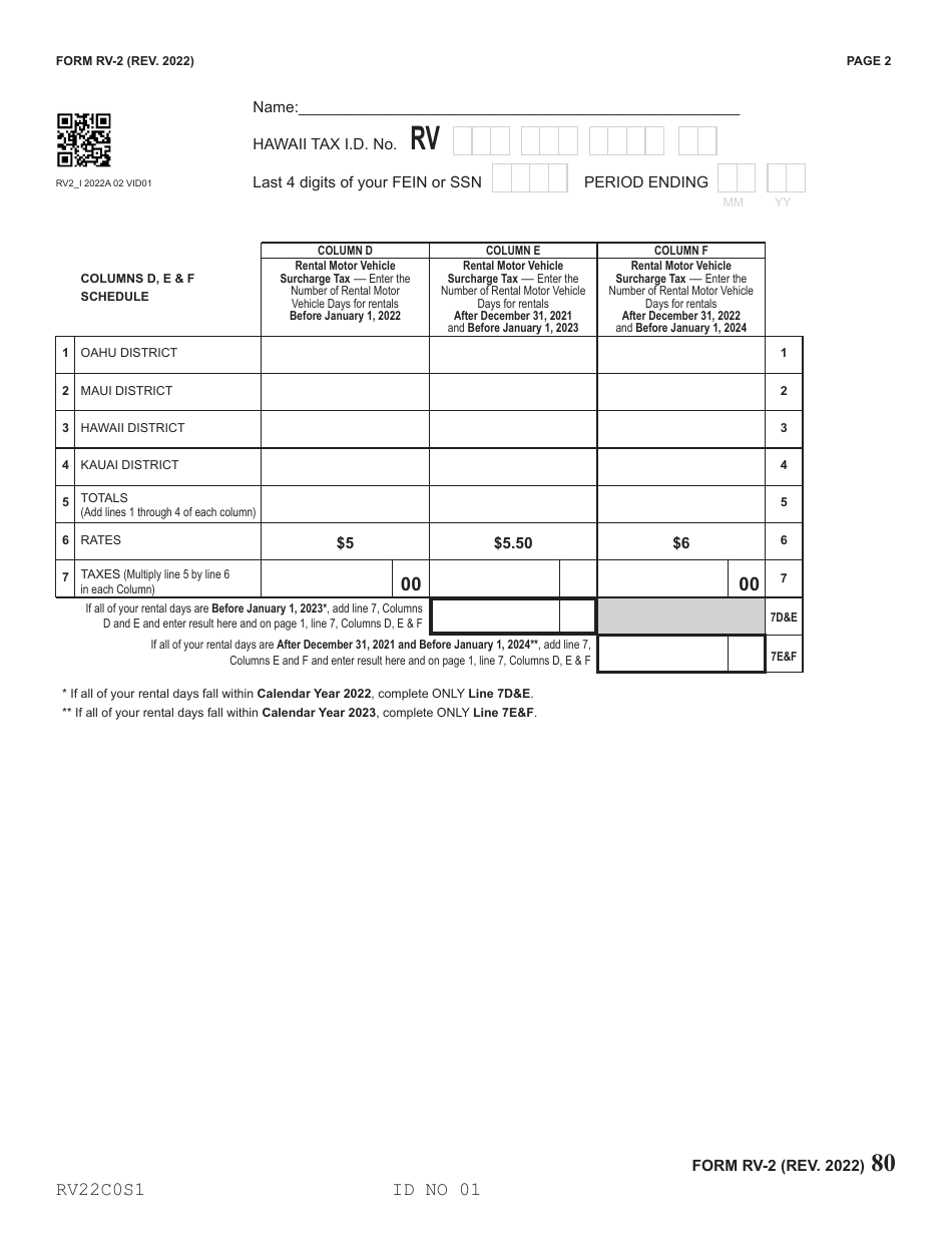Form RV-2 Rental Motor Vehicle, Tour Vehicle, and Car-Sharing Vehicle Surcharge Tax - Hawaii, Page 2