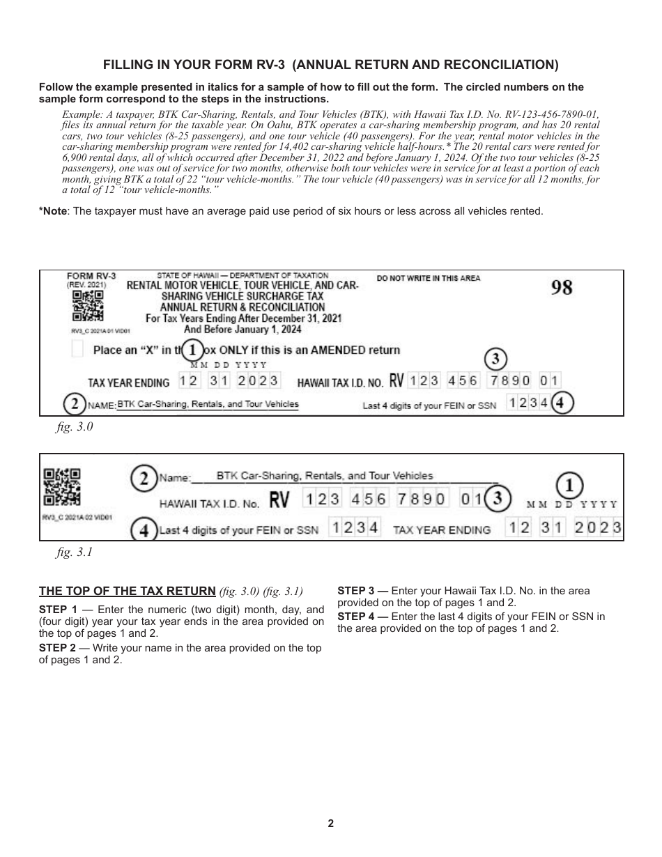 Instructions for Form RV-3 Rental Motor Vehicle, Tour Vehicle, and Carsharing Vehicle Surcharge Tax Annual Return  Reconciliation for Tax Years Ending After December 31, 2021 - Hawaii, Page 2