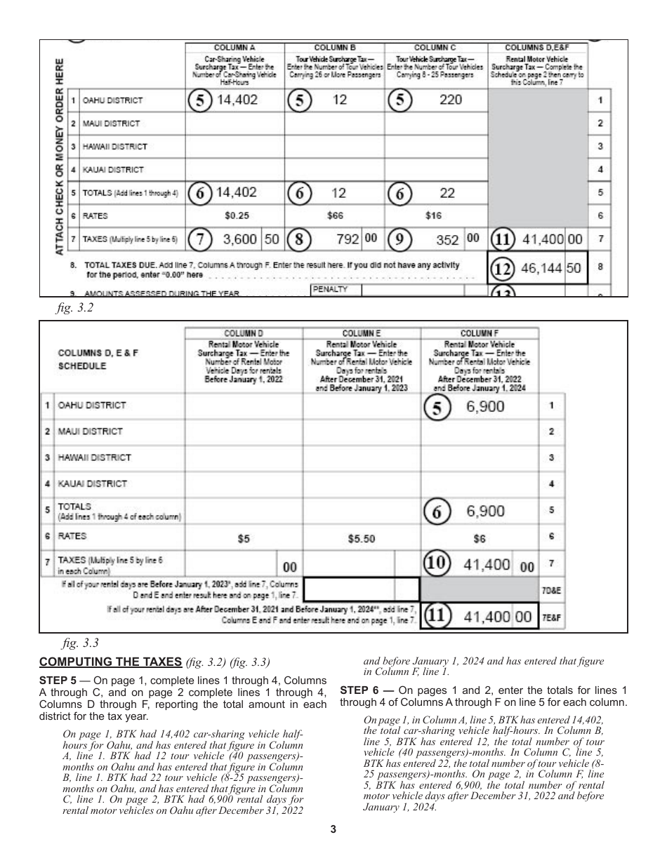 Instructions for Form RV-3 Rental Motor Vehicle, Tour Vehicle, and Carsharing Vehicle Surcharge Tax Annual Return  Reconciliation for Tax Years Ending After December 31, 2021 - Hawaii, Page 3
