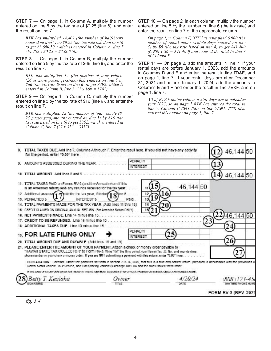Instructions for Form RV-3 Rental Motor Vehicle, Tour Vehicle, and Carsharing Vehicle Surcharge Tax Annual Return  Reconciliation for Tax Years Ending After December 31, 2021 - Hawaii, Page 4