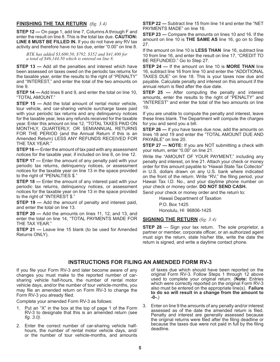 Instructions for Form RV-3 Rental Motor Vehicle, Tour Vehicle, and Carsharing Vehicle Surcharge Tax Annual Return  Reconciliation for Tax Years Ending After December 31, 2021 - Hawaii, Page 5