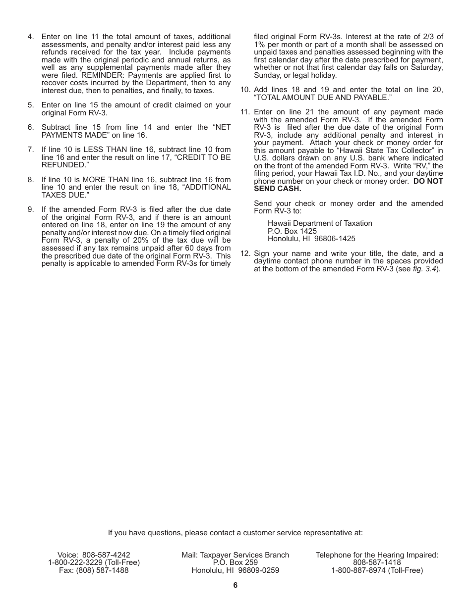Instructions for Form RV-3 Rental Motor Vehicle, Tour Vehicle, and Carsharing Vehicle Surcharge Tax Annual Return  Reconciliation for Tax Years Ending After December 31, 2021 - Hawaii, Page 6
