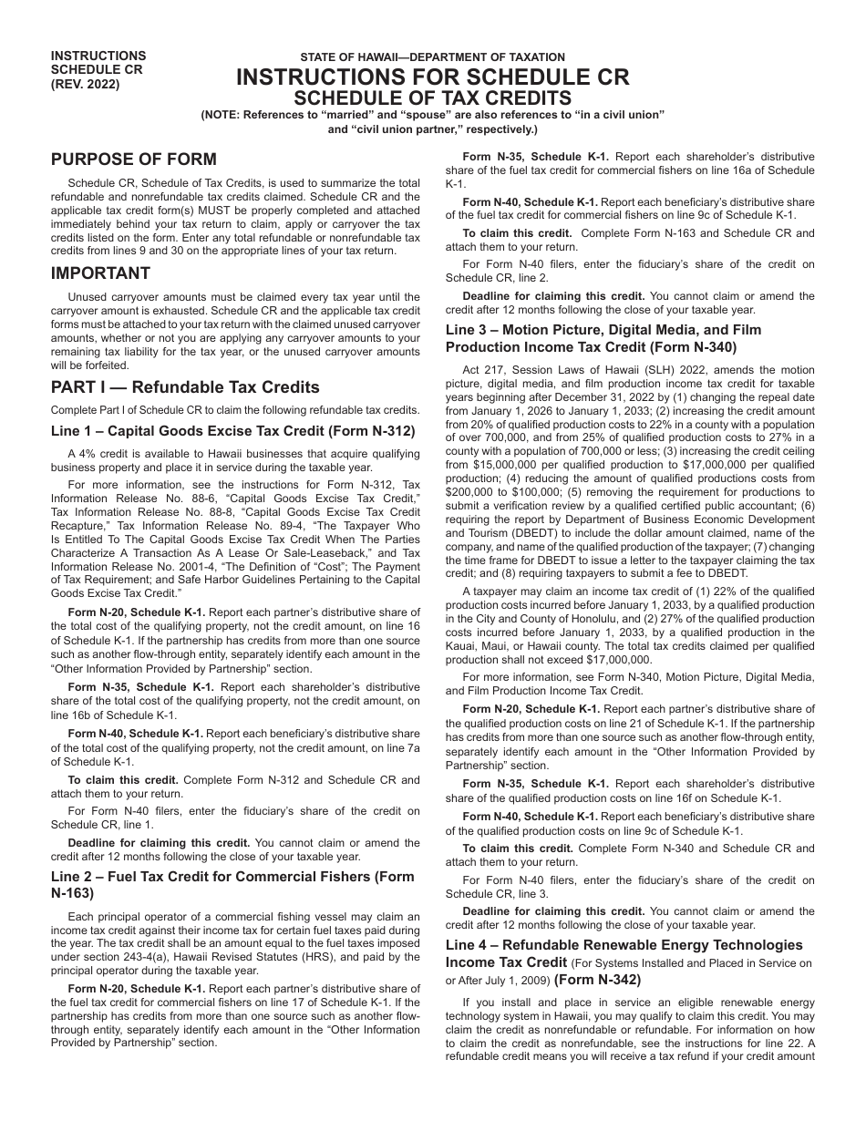 Instructions for Schedule CR Schedule of Tax Credits - Hawaii, Page 1