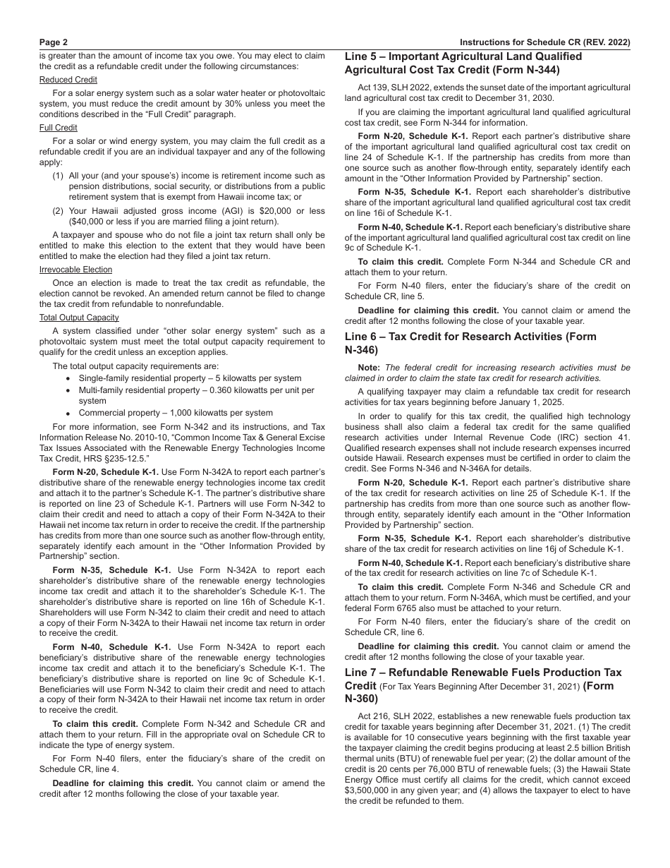 Instructions for Schedule CR Schedule of Tax Credits - Hawaii, Page 2