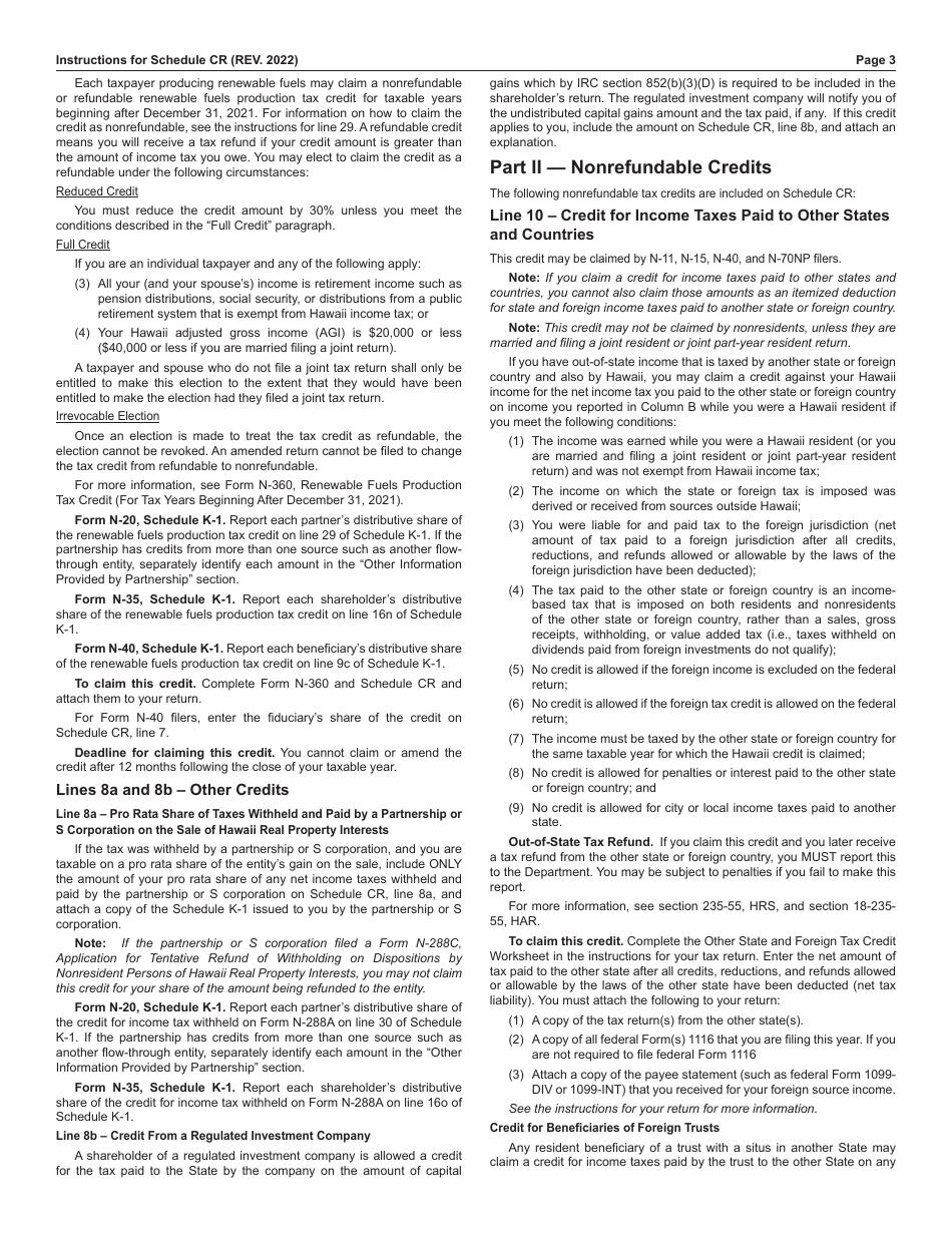 Instructions for Schedule CR Schedule of Tax Credits - Hawaii, Page 3