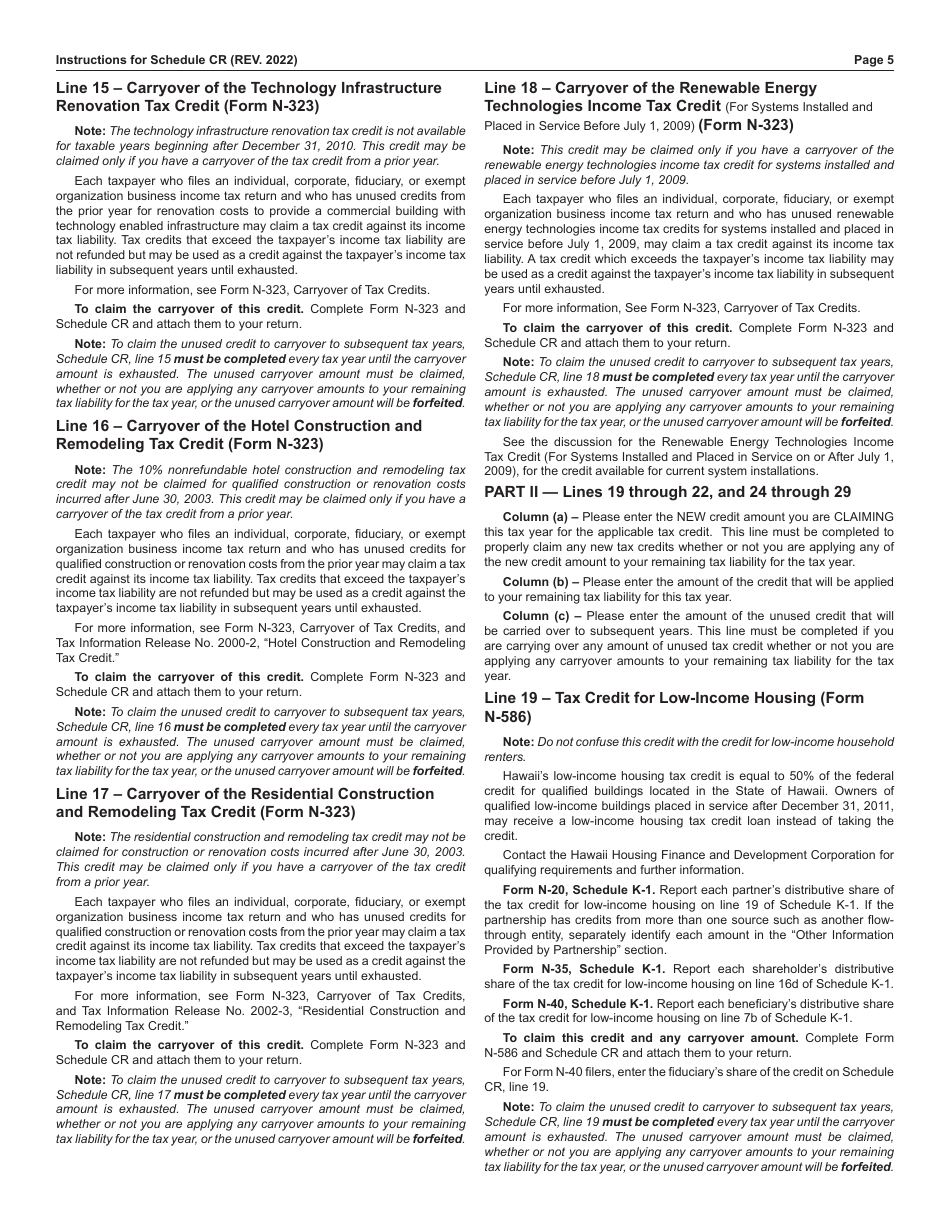 Instructions for Schedule CR Schedule of Tax Credits - Hawaii, Page 5