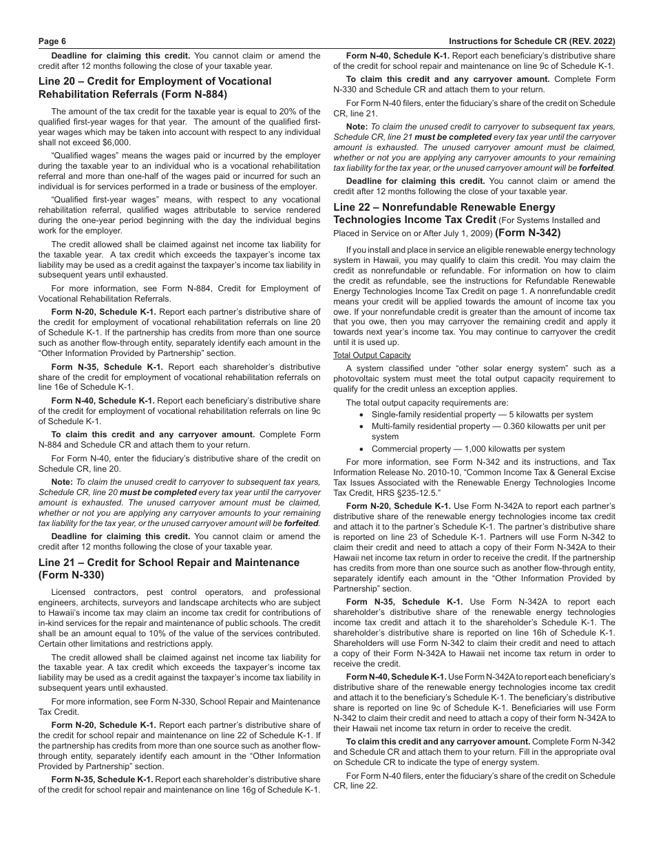 Instructions for Schedule CR Schedule of Tax Credits - Hawaii, Page 6