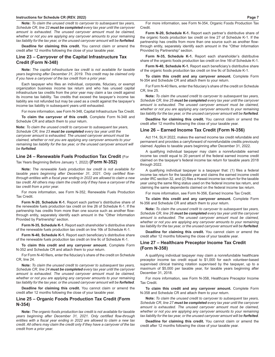 Instructions for Schedule CR Schedule of Tax Credits - Hawaii, Page 7