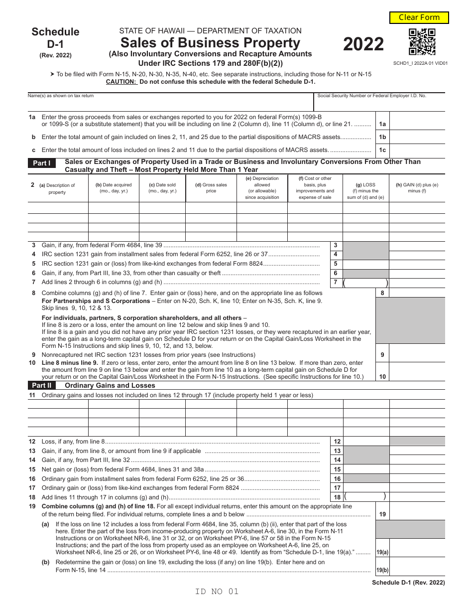 Schedule D-1 Sales of Business Property - Hawaii, Page 1