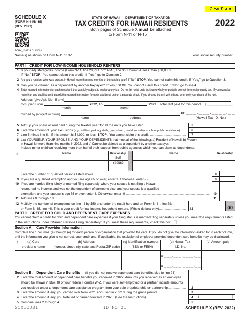 Form N-11 (N-15) Schedule X 2022 Printable Pdf