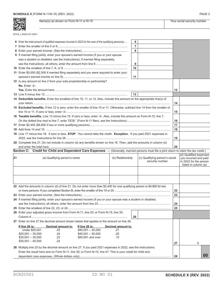 Form N-11 (N-15) Schedule X Tax Credits for Hawaii Residents - Hawaii, Page 2