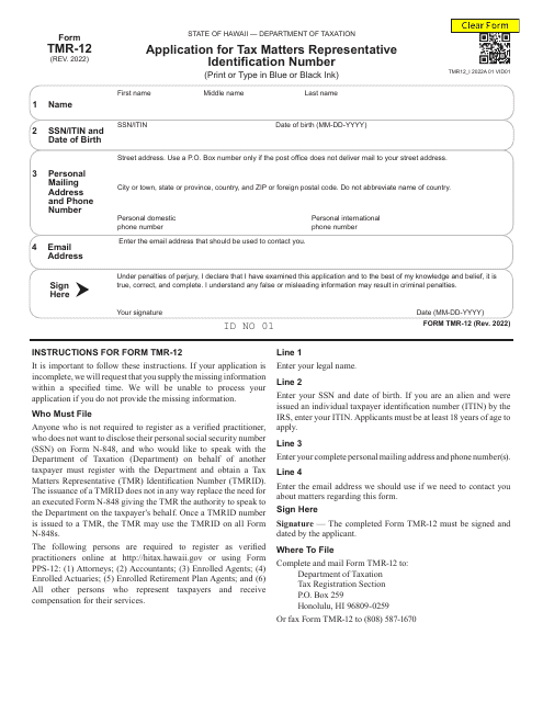 Form TMR-12 Application for Tax Matters Representative Identification Number - Hawaii