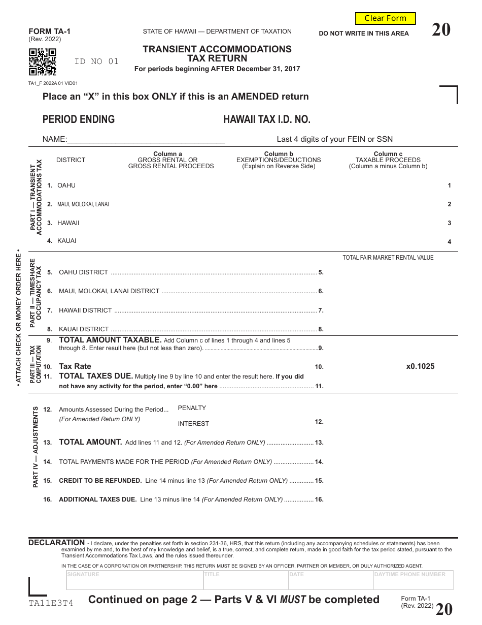 Form TA-1 Transient Accommodations Tax Return for Periods Beginning After December 31, 2017 - Hawaii, Page 1